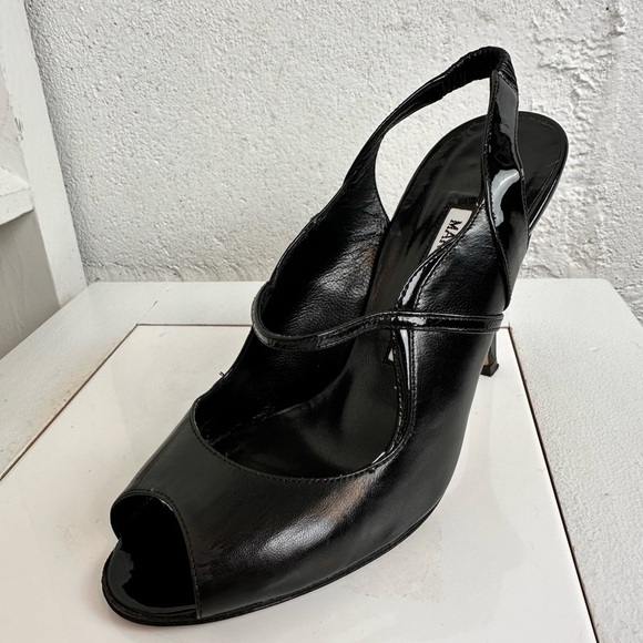 Manolo Blahnik Black Leather Printed Slingback Peep Toe Pumps – Size 36.5 - Picture 4 of 12